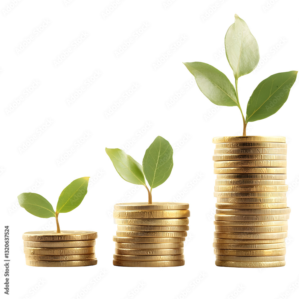 Poster Visualizing Wealth Accumulation Stacked Golden Coins on Transparent Background Depicting the Concept of Financial Growth Savings and Prosperity