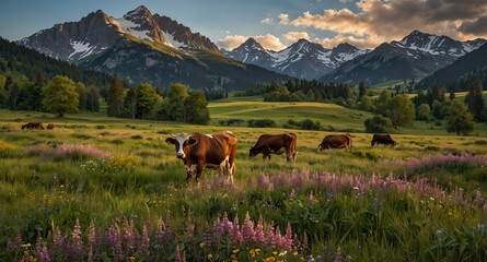 Cows graze in a vibrant meadow, with a majestic mountain range looming in the background. Pastoral scenery.