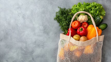 Colorful assortment of fresh vegetables in a reusable bag on a textured surface, promoting sustainable shopping habits.