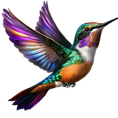 Fototapeta premium Stunning multicolored hummingbird with iridescent green blue and purple feathers captured in delicate graceful motion as its wings flutter floating on a transparent background