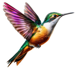 Fototapeta premium Stunning photograph of a graceful hummingbird with vibrant iridescent feathers in shades of green orange and blue captured mid flight with its wings slightly blurred