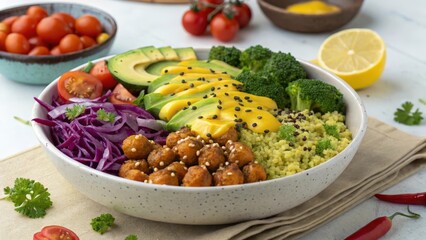 Vibrant Buddha Bowl: A large, shallow bowl is filled with a colorful array of ingredients: quinoa, roasted chickpeas, avocado slices, cherry tomatoes, shredded purple cabbage, and steamed broccoli. 