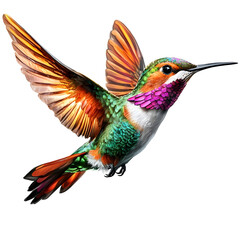 Fototapeta premium Graceful hummingbird captured in mid flight its vibrant and shimmering feathers reflecting shades of green orange and blue against a transparent background