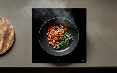Overhead shot of chopped vegetables cooking in a dark pan on a modern induction cooktop. Steam rises from the pan, indicating the food is cooking.  A wooden cutting board is partially visible in the