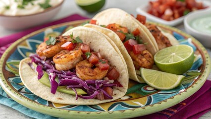 Spicy Shrimp Tacos: Three small, soft corn tortillas are filled with grilled shrimp tossed in a spicy chipotle sauce.
