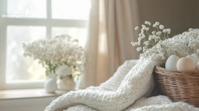 A warm corner features a woven basket filled with fresh eggs, surrounded by soft blankets and delicate white flowers, creating an inviting atmosphere filled with tranquility.