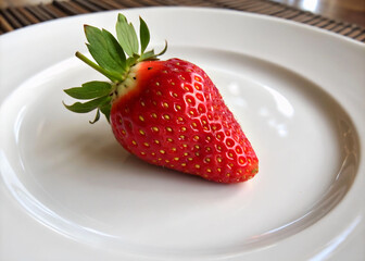 A single, ripe strawberry is prominently displayed on a white plate.