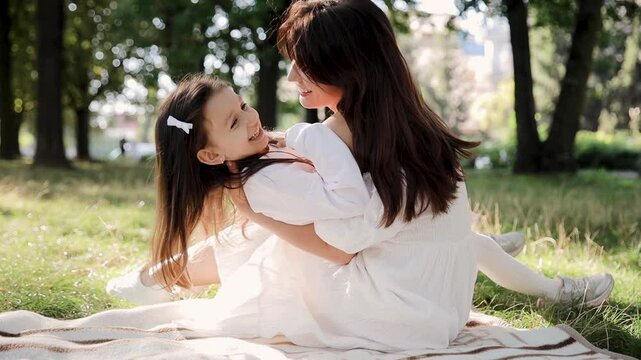 A joyful scene of a mother and daughter sharing playful laughter in a sunny park, surrounded by nature and greenery, reflecting strong family bonds, happiness, and cherished moments of connection.