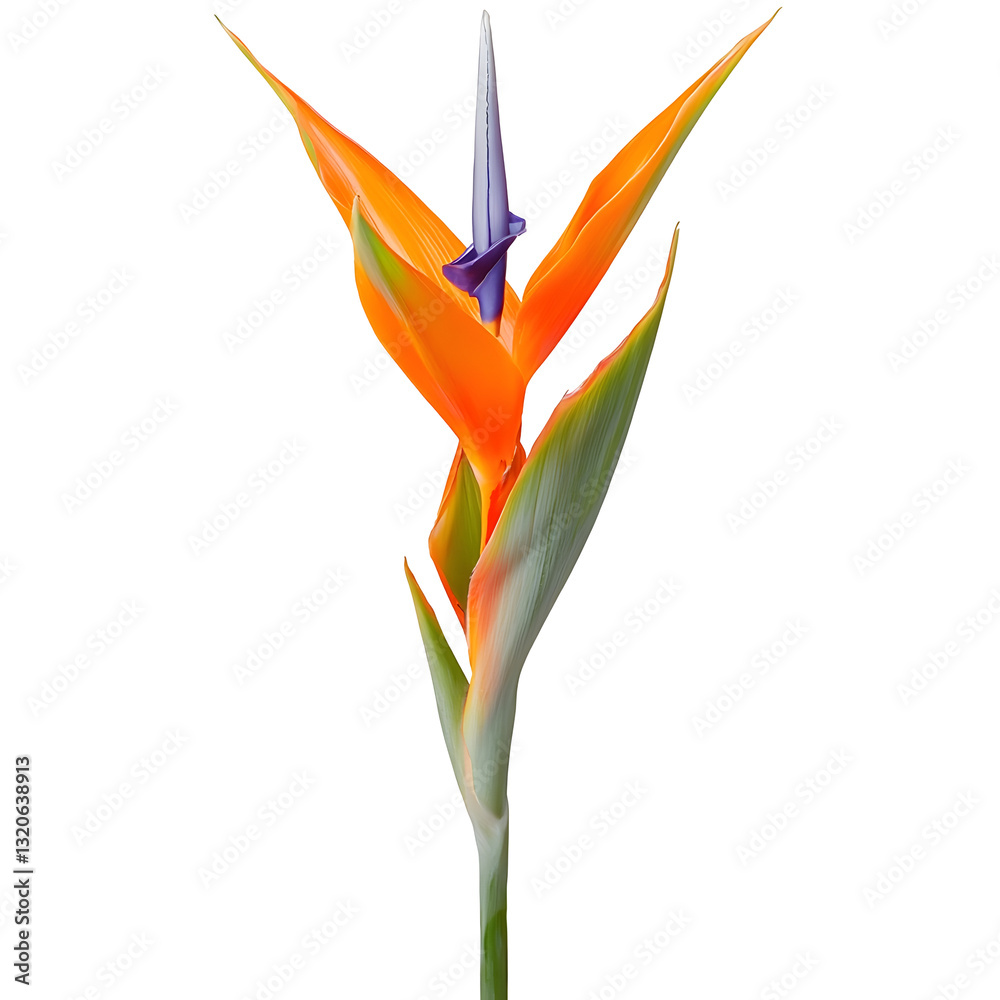 Poster beautifully detailed strelitzia flower in vivid tropical hues with smooth green stem and sharp point