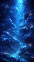 Obraz premium Ethereal blue cosmic sky with glowing clouds and twinkling stardust illuminating a celestial dreamscape above 