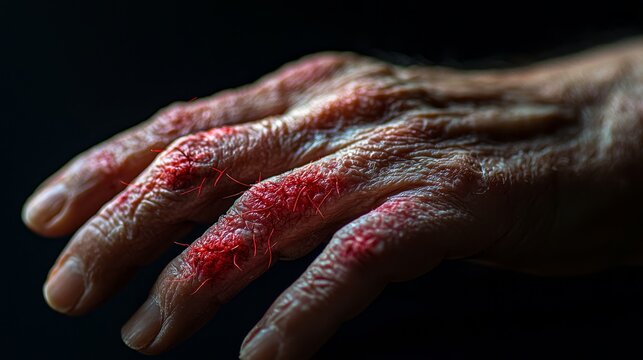Extreme close-up of mosquito bite welts on the back of a hand, red inflamed spots with fingers about to scratch the itchy area