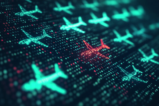 computer code consisting of icons of little blue and red planes in rows, aviation and aircraft industry concept, online avition magazine