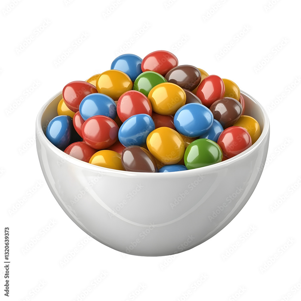 Poster colorful glossy chocolate candies neatly arranged in a white bowl creating a festive and appetizing 