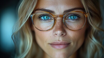 Fototapeta premium Close-up of middle-aged blonde woman adjusting eyeglasses showcases clear vision, healthy eyes, emphasizing eye care, ophthalmology.