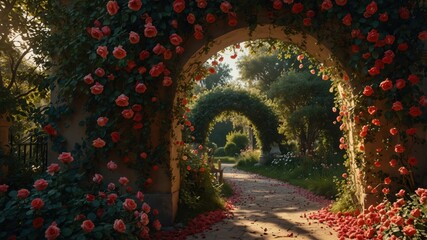 Rose-covered garden archway leading to a serene pathway, creating a beautiful and romantic outdoor scene.