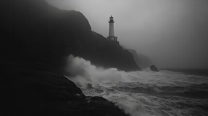 Fototapeta premium A darkened lighthouse on a rocky shore, with waves crashing violently and a foreboding sky overhead