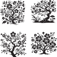 Intricate Black and White Floral Tree Silhouettes Collection