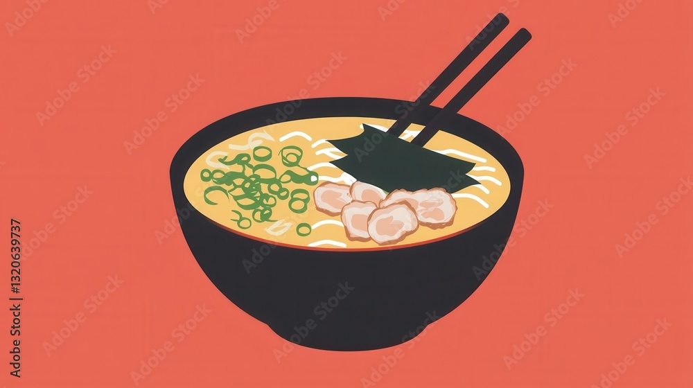 Poster steaming bowl of ramen with pork and green onions ready to enjoy with chopsticks on a colorful backg