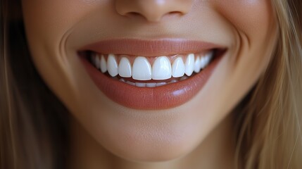 Fototapeta premium Close-up perfect smile showing white teeth and happiness, emphasizing dental care for well-being.
