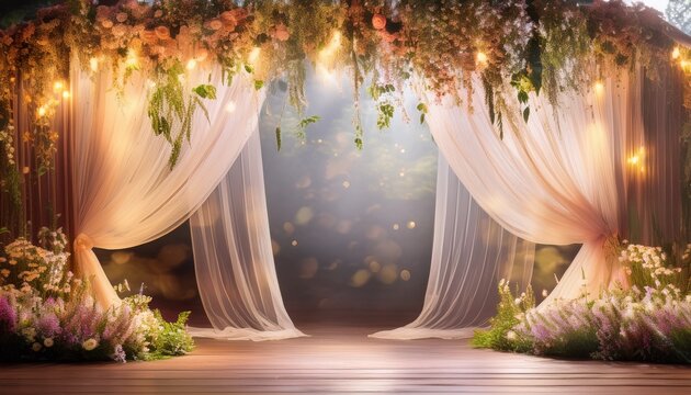 whimsical floral backdrop with soft drapes and fairy lights creating dreamy atmosphere