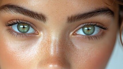 Obraz premium Close-up stunning green eyes of woman highlighting health & long lashes with natural makeup.