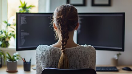 Focused woman engaged in creative graphic design work at a modern dual-screen computer setup in a bright workspace
