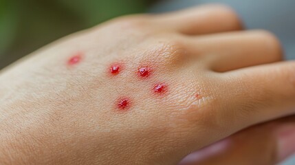 Fototapeta premium Macro shot of mosquito bites on a hand, featuring red inflamed patches, raised itchy welts, and light skin irritation from scratching
