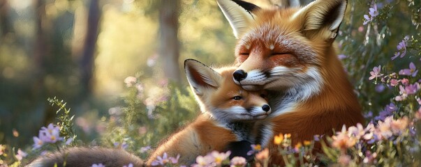 Obraz premium A mother fox gently embraces her baby fox surrounded by flowers
