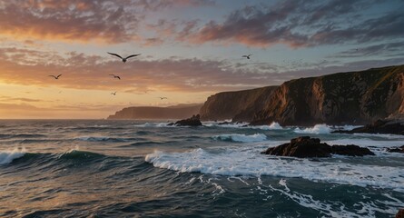 Obraz premium Coastal cliffs bathed in golden sunlight, waves crashing against rocks, birds soaring in the sky.