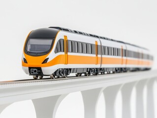 Modern high speed train with sleek yellow and black design crossing elevated railway bridge representing futuristic transportation and rapid urban transit