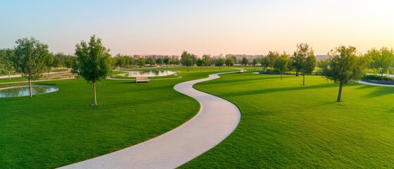 Naklejka premium Winding Path Through Park at Dawn