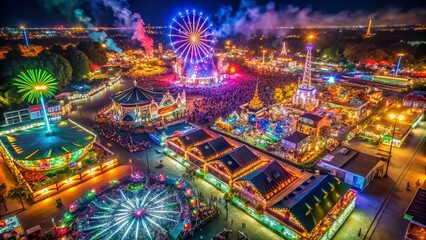 Fototapeta premium Aerial View of Festive Fairgrounds, Illuminated at Night - Drone Photography