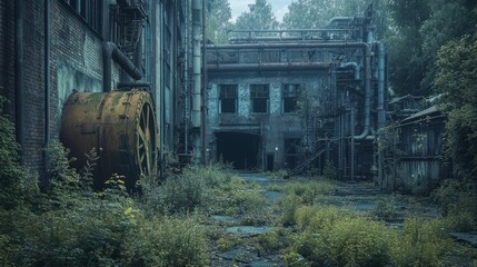 A desolate, abandoned industrial site at dusk, with rusting machinery and overgrown plants 