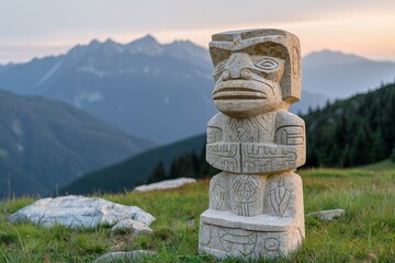 Stone totem on mountain landscape at sunrise with carved patterns