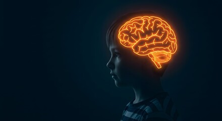 Child Thinking with Glowing Brain Illustrating Ideas and Intellectual Development