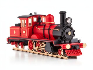 Fototapeta premium Vintage red steam locomotive model on railway track with intricate details and classic design representing historical transportation and nostalgic railway journeys