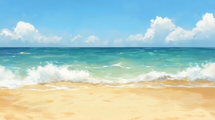Obraz premium Serene Beach Seascape: Blue Sky White Clouds and Gentle Waves on Sandy Shore