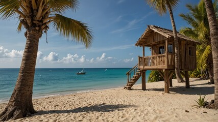 Fototapeta premium Tropical beach escape: Wooden hut on stilts amidst palm trees, turquoise ocean, and serene sandy shores.