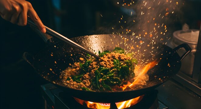Sizzling wok-cooked meal ignites flavors with fiery flair and steam in an Asian culinary spectacle