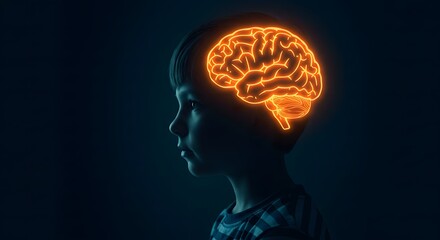 Thinking Child with Glowing Brain Concept for Education or Psychology