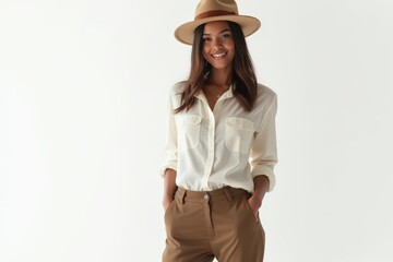 Half-Length (Waist-Up) portrait of young stylish smiling Grenadian female model in vintage wear isolated on pure white background looking at camera