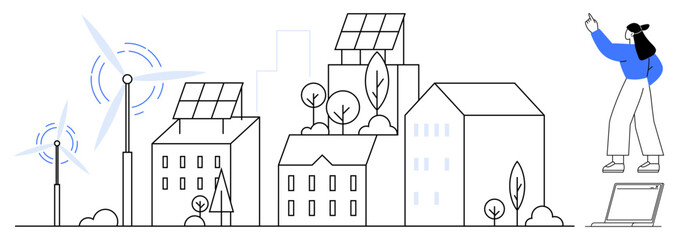 Buildings with solar panels, wind turbines, small trees, and a person interacting with technology. Ideal for sustainability, clean energy, innovation, eco-cities, green tech renewable resources