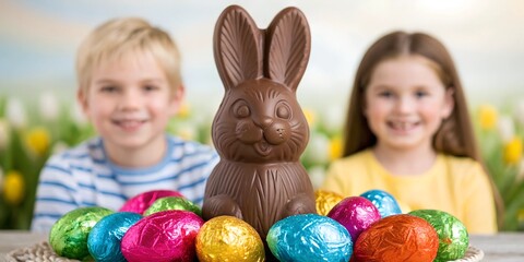 A festive Easter scene featuring a chocolate bunny surrounded by colorful foil-wrapped eggs with happy children in the background. A joyful spring celebration.