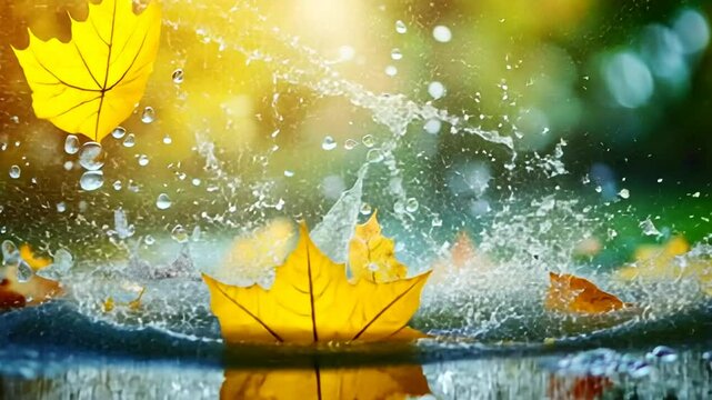 Autumnal Still Life: Water Droplets on Fallen Leaves Creating Splashes in Shallow Puddles