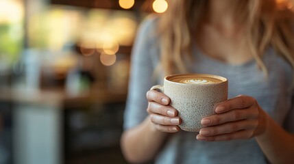 Womans hand holding a steaming coffee cup in a cozy coffee shop, blurred background with warm lighting, rustic ambiance