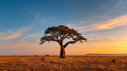 Majestic african savannah sunset with lone baobab tree in golden landscape