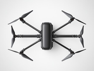 Black industrial drone with multiple rotors on white background representing advanced UAV surveillance and aerial industrial applications
