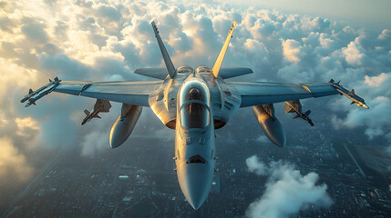 Naklejka premium Fighter Jet Flying Above Cloudscape at Dawn Showcasing Aircraft Power