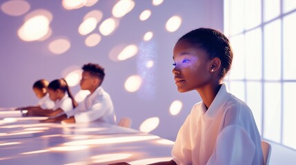 Futuristic classroom where children learn with AI, glowing digital interface enhancing education, blending technology and human potential in a visionary learning environment. Generative AI.