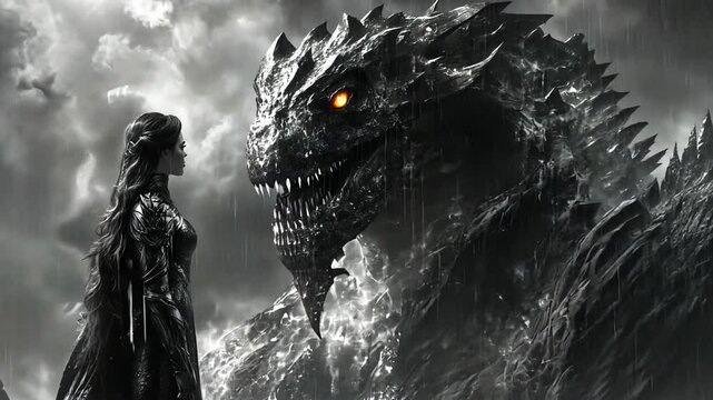 Krieger steht auf einer Klippe und blickt auf einen Drachen